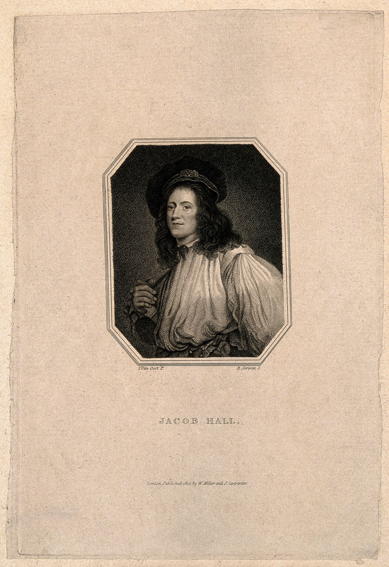 Jacob Hall, a tightrope walker. Stipple engraving by E. Scriven, 1810, after J. van Oost., 1810, by Jacob van Oost