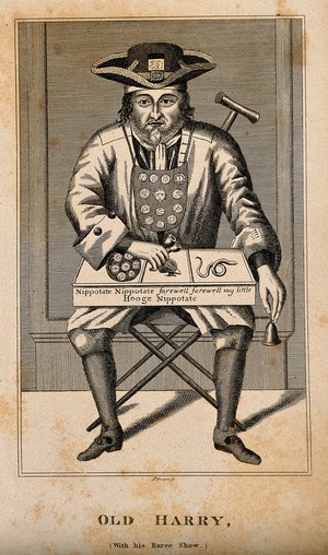 view Old Harry, a street entertainer. Line engraving by R. Graves.