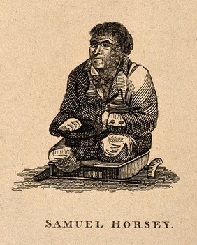 Samuel Horsey, a legless beggar. Wood engraving.