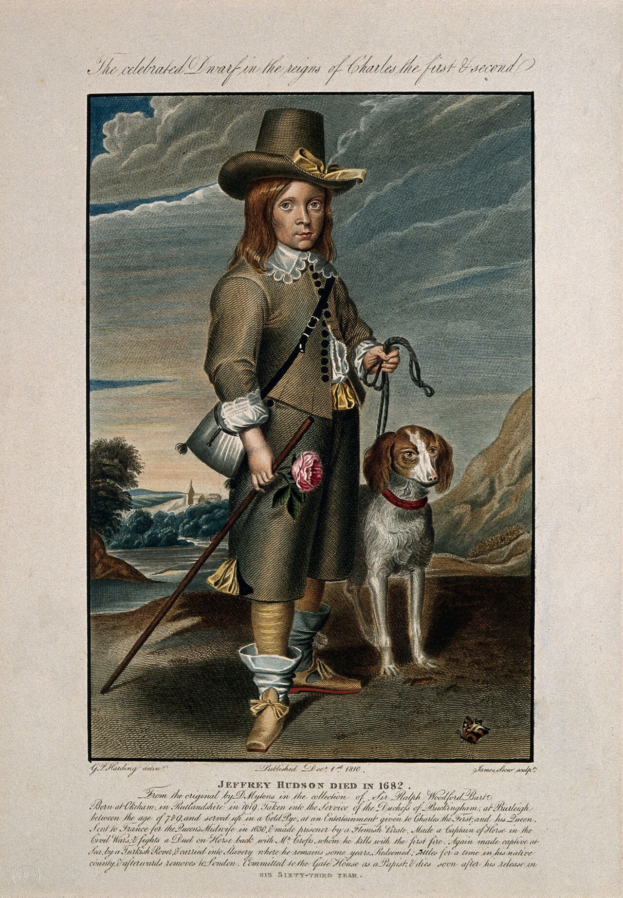 Jeffery Hudson, a dwarf. Coloured engraving by J. Stow, 1810, after G.P. Harding after D. Mytens., 1 December 1810, by Daniël Mijtens
