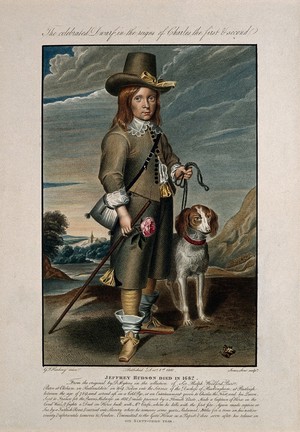 view Jeffery Hudson, a dwarf. Coloured engraving by J. Stow, 1810, after G.P. Harding after D. Mytens.