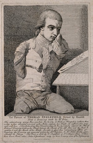 view Thomas Inglefield, an artist born without limbs. Etching by T. Inglefield, 1787, after C.R. Ryley.