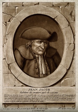 view Jean Jacob, aged 120. Aquatint by A. Briceau after Flouest.