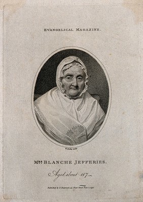 Blanche Jefferies, aged about 117. Stipple engraving by W. Ridley, 1797.