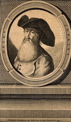 Henry Jenkins, aged 169. Line engraving, 1753, after R. Walker.