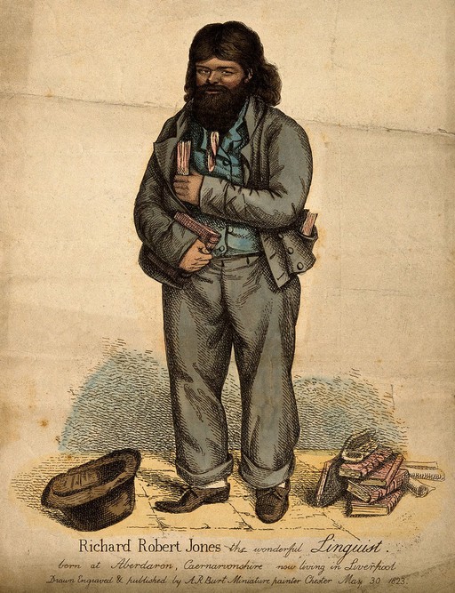 Richard Robert Jones, a self taught linguist. Coloured etching by A.R. Burt, 1823.