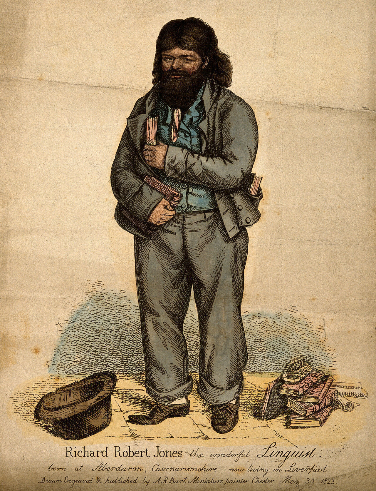 Richard Robert Jones, a self taught linguist. Coloured etching by A.R. Burt, 1823., 30 May 1823, by Albin R. Burt