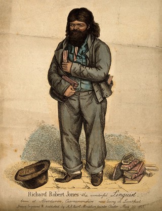 Richard Robert Jones, a self taught linguist. Coloured etching by A.R. Burt, 1823.