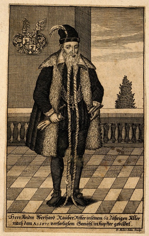 Andre Eberhard Raŭber, a man with an exceptionally long beard. Line engraving by E. Andresohn.