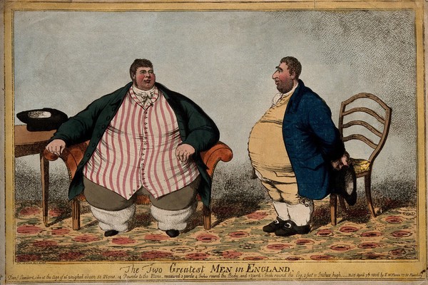 A humorous comparison between the obese Daniel Lambert and Charles James Fox, the politician. Coloured etching by C. Williams, 1806.