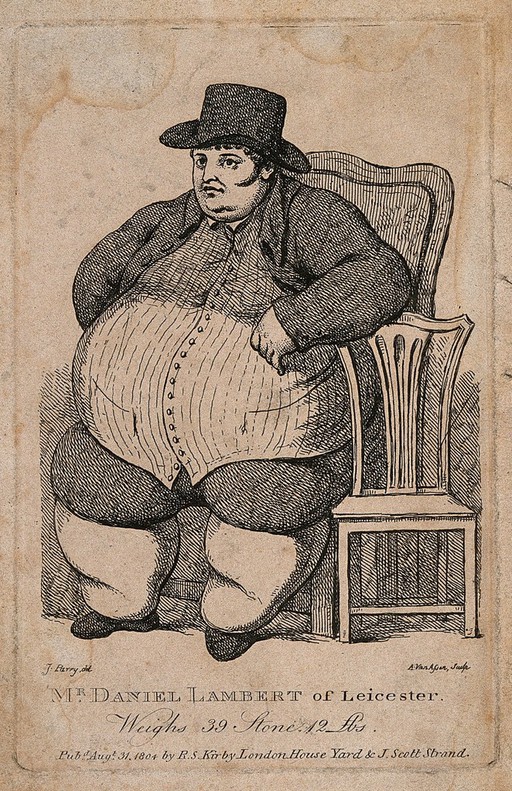 Daniel Lambert, weighing almost forty stone. Etching by A. van Assen, 1804, after J. Parry.