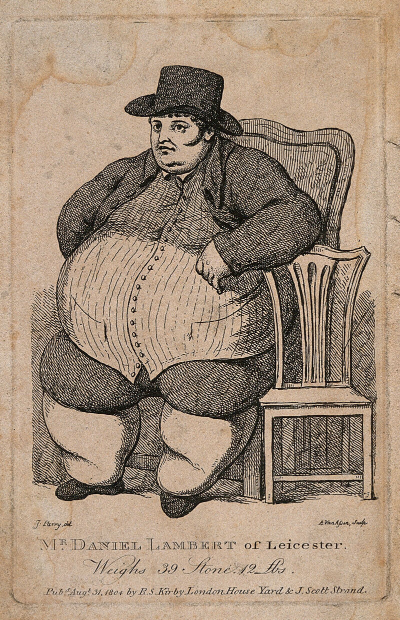 Daniel Lambert, weighing almost forty stone. Etching by A. van Assen, 1804, after J. Parry., 31 August 1804, by Joseph Parry