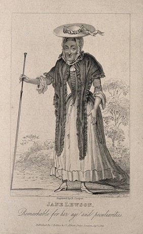 Jane Lewson, an elderly eccentric. Stipple engraving by R. Cooper, 1821.