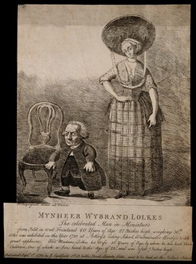Wybrant Lolkes, a dwarf with his wife. Etching by P. Mequignon, 1790.