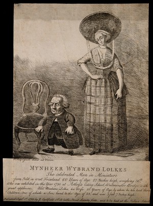 view Wybrant Lolkes, a dwarf with his wife. Etching by P. Mequignon, 1790.