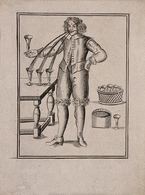 view Floram Marchand, a man who regurgitated water transformed into several colours and into separate vessels. Line engraving.