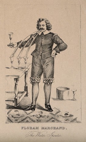 Floram Marchand, a man who regurgitated water transformed into several colours and into separate vessels. Reproduction of a stipple engraving.