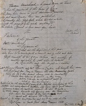 The deceptive arts used by Floram Marchand to transform water into other liquids. Manuscript, ca. 1858, after a pamphlet by T. Peedle and T. Cozbie, 1650.