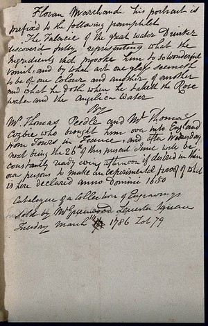 view Note on a portrait of Floram Marchand the water spouter. Manuscript.