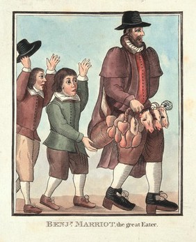 Benjamin Marriot, a man who ate vast amounts of food. Coloured engraving.