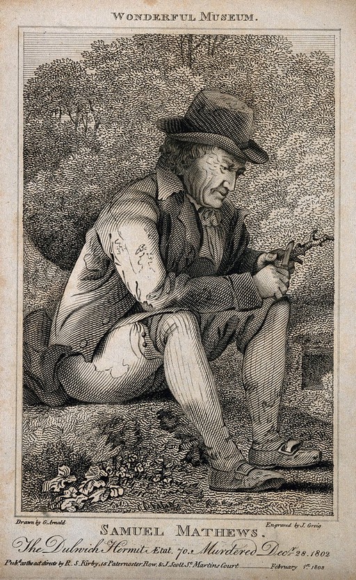 Samuel Mathews, a hermit. Engraving by J. Greig, 1803, after G. Arnald.