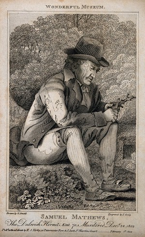 view Samuel Mathews, a hermit. Engraving by J. Greig, 1803, after G. Arnald.