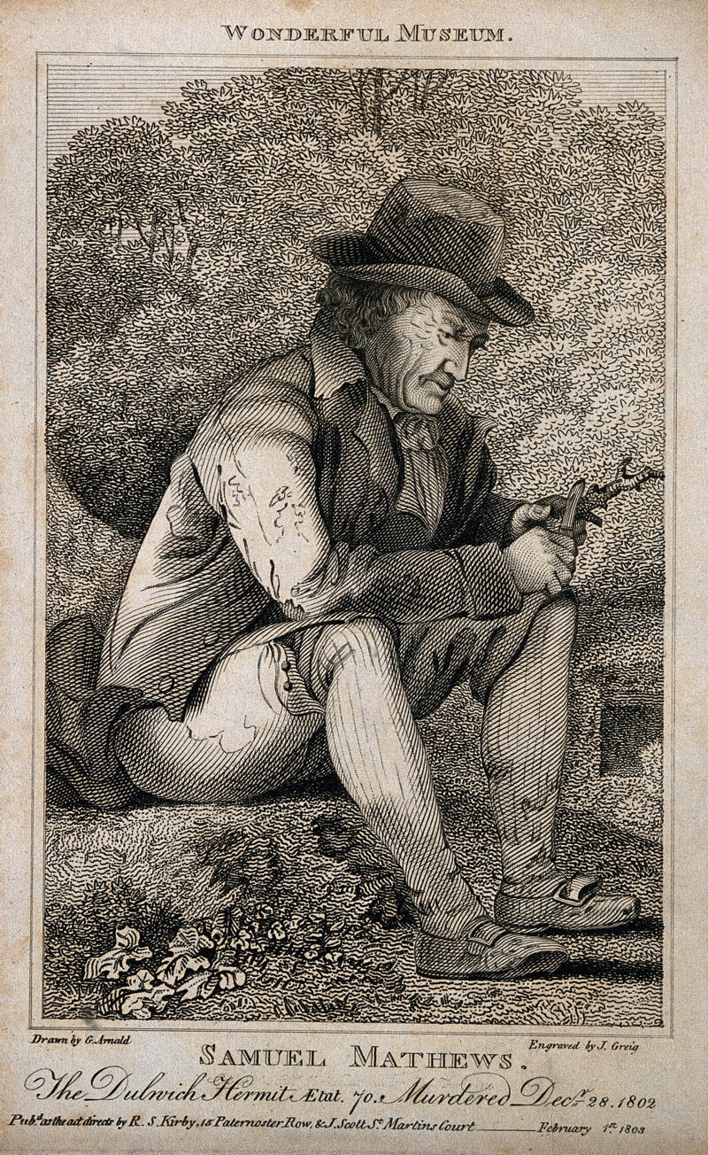 Samuel Mathews, a hermit. Engraving by J. Greig, 1803, after G. Arnald., 1 February 1803, by George Arnald