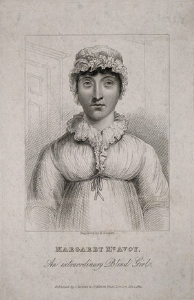 Margeret M'Avoy, blind but with remarkable perception. Stipple engraving by R. Cooper, 1821.
