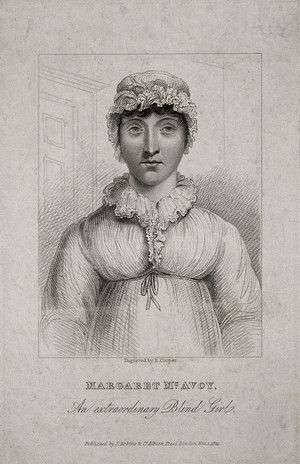 view Margeret M'Avoy, blind but with remarkable perception. Stipple engraving by R. Cooper, 1821.