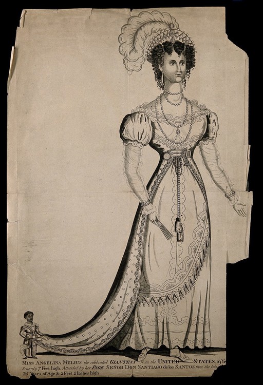 Angelina Melius, a giant, aged nineteen, and Don Santiago de los Santos, a dwarf, aged 35. Engraving.
