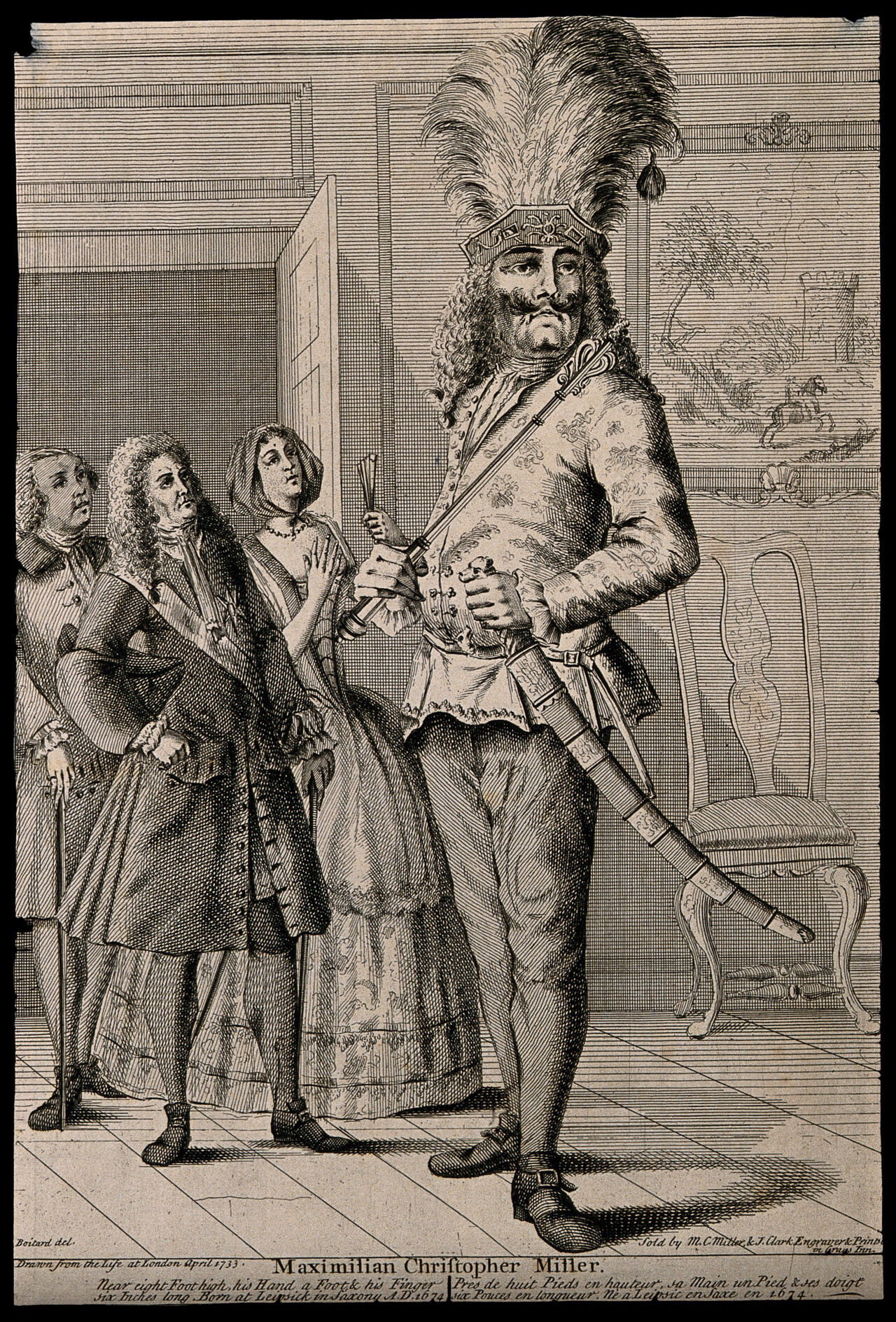 Maximilian Christopher Miller, a giant, aged 59, with three spectators. Engraving after L.P. Boitard, 1733., by Louis-Philippe Boitard