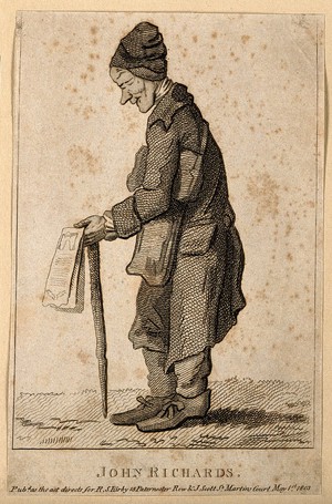 view John Richards, a blind beggar. Etching, 1803, after J. Nixon.