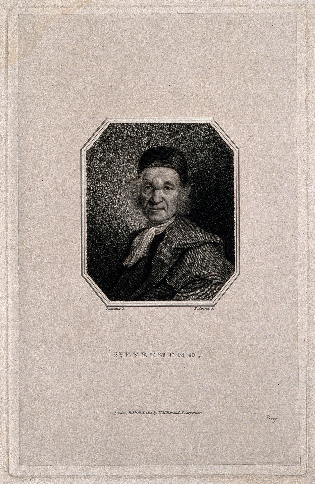 Charles de Marguetel de Saint-Denis de Saint-Evremond, a man with an unusual growth on his forehead. Stipple engraving by E. Scriven, 1810, after J. Parmentier., 1810, by James Parmentier