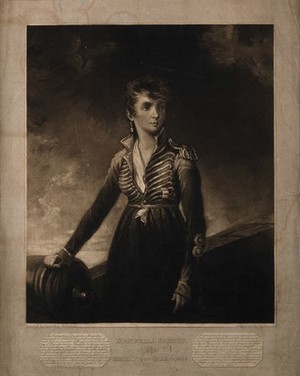 view Manuela Sancho, a heroine in the defence of Saragossa in 1809, aged 24. Mezzotint by H. Meyer, 1811, after L. Hoppner.