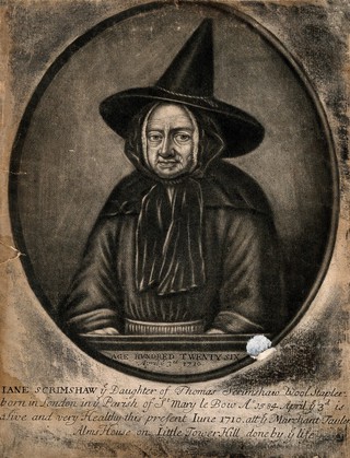 Jane Scrimshaw, aged 126. Mezzotint by J. Faber, senior, 1710.