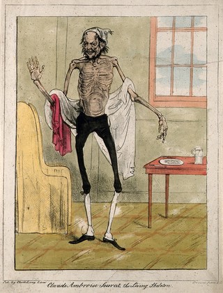 Claude Ambroise Seurat, a very thin man. Colour etching.