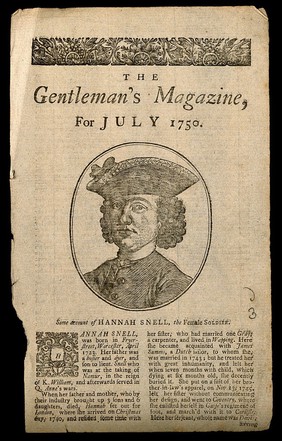 Hannah Snell, a woman who passed as a male soldier. Wood engraving, 1750.