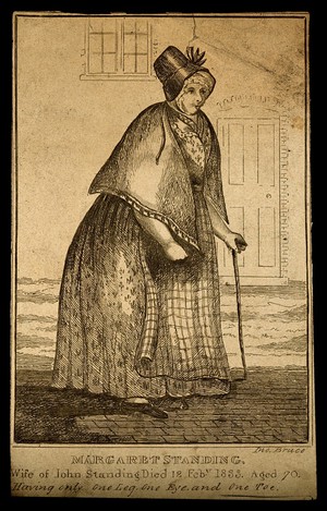 view Margaret Standing, a disabled woman. Etching by J. Bruce.