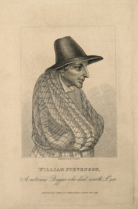 William Stevenson, a hoarding beggar. Stipple engraving by R. Cooper, 1821.