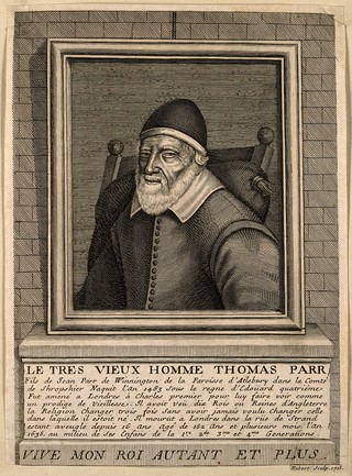 Thomas Parr, aged 152. Line engraving by N. Habert, 1715.
