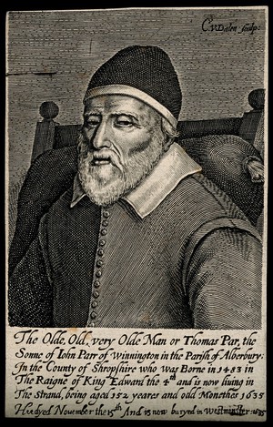 view Thomas Parr, aged 152. Line engraving by C. van Dalen.