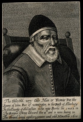 Thomas Parr, aged 152. Line engraving.