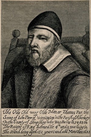 view Thomas Parr, aged 152. Wood engraving.