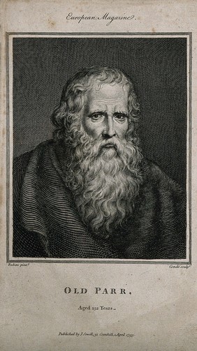 Thomas Parr, aged 152. Line engraving by J. Condé, 1793, after Sir P.P. Rubens.