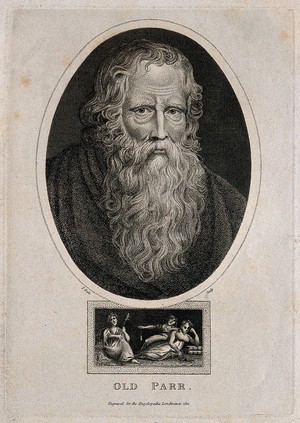 view Thomas Parr, said to have lived 152 years, with the three fates. Engraving by T. Dale, 1821, after Sir P.P. Rubens.