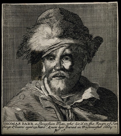 Thomas Parr, said to have lived 152 years. Line engraving.