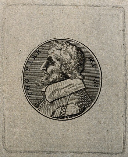 Thomas Parr, aged 152. Line engraving after T. Simon.