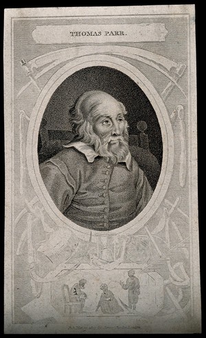 view Thomas Parr, said to have died aged 152, with a border depicting three figures and various symbols relating to mortality. Stipple engraving, 1807.