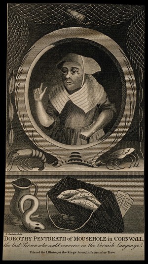 view Dorothy Pentreath, a Cornish speaking fishseller. Line engraving by R. Scaddan.