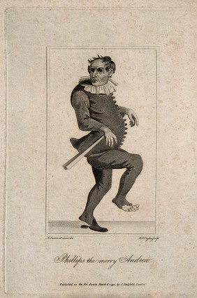 Phillips, a clown, known as 'the Merry Andrew'. Line engraving by W.J. Taylor, 1792, after M. Laroon.